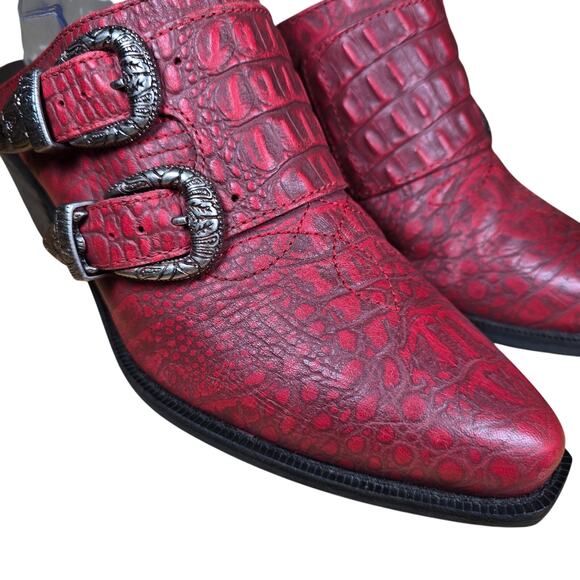 Matisse Bloke Red Leather Western Heeled Mules Buckles Alligator Embossed Sz 8 - Picture 3 of 12